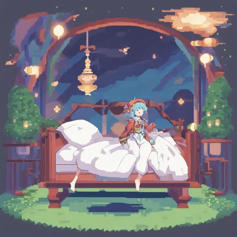 Visualize a sleepwalker in the enchanting world of anime illustration. This character, a male, is dressed in a mysterious coat, captured in a moment of somnambulism while reclining on a surreal floating disk. The art style? Chibi, of course. Now, lets brin...