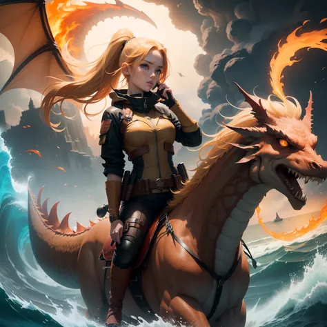 8k, a fiery girl with beautiful blonde hair, brown eyes, holding a gun, riding on the back of a cool fire-breathing dragon, ocean full of tsunamis, world destroyed by meteors