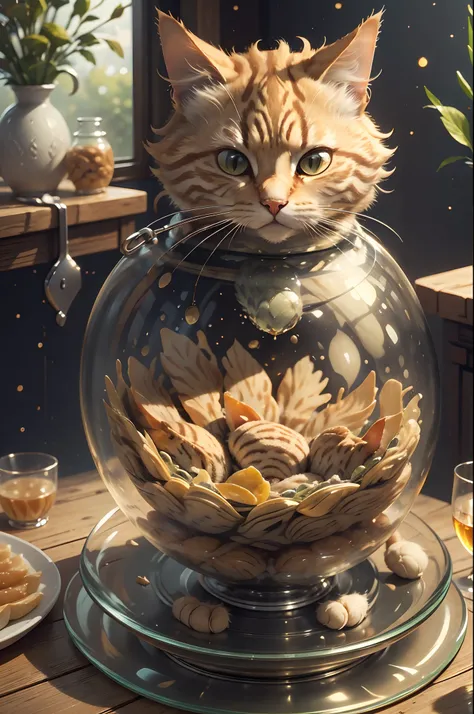 Close up Olei tabby cat preparing food on table:1.2), (c4ttitude:1.3), In Glasstech Kitchen, Hyperrealistic intricate detail, (Ambiguous:1.1), Baishos Perspective