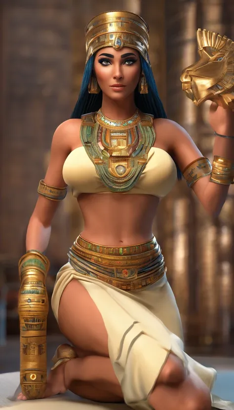 Sexy Cleopatra with legs up , and sweaty body , her breasts are huge and in great shape , big lips , tanned , beautiful ,