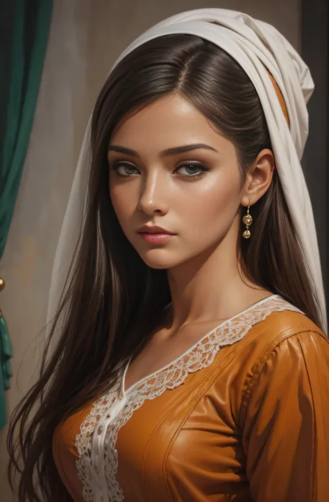 young  woman , sozinha , olhar telespectador ,（tmasterpiece )（HighestQuali） ,1girl，oil painted，realistic oil painting , busto , detalhes claros ,  Alto realismo , period clothing style ,