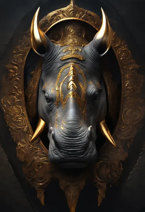 rhino warrior, with a golden ornate horn, wet look, abstract black oil, gear lock, detailed acrylic, Grunge, intricate complexity, Centered image, rendered in unrealistic engine, photorealistic, Neon environment