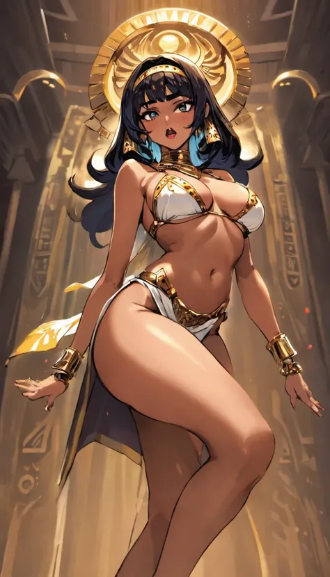 Sexy Cleopatra with legs up , and sweaty body , her breasts are huge and in great shape , big lips , tanned , beautiful ,