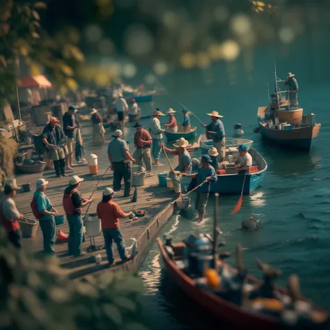 (Tilt-Shift:1.4),Fishermen fishing,(extremely colorful, Best quality, high detailed, Masterpiece, Cinematic Lighting, 4K, Chiaroscuro)