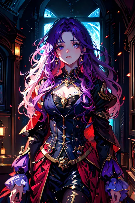 lunar angelically goddness, girl, colorful fantasy, anime art, long hair, jacket purple, angelicaly victorian clothes, dark fant...