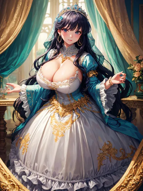 (masterpiece, best quality,extremely detailed:1.1),(moe anime art style:1.2),1girl,((full body,focus face)),((solo)), cute, kawaii,digital art,((1 gorgeous anime princess wearing beautiful embroidery and jeweled ruffled gorgeous princess rococo ballgown wi...