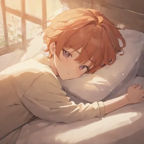 Create a charming image of a teenage boy in a relaxed, sleeping pose. The style should exude the warmth and softness of fluffy art. Think of it as a delightful blend of anime aesthetics with a touch of minimalism. This should be a simple yet heartwarming p...