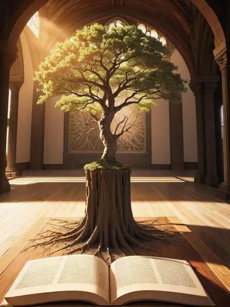 tree of life, with its roots immersed in Holy Scripture, photorealistic, sunny day, 8k