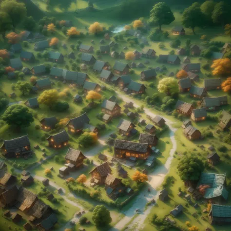 (Tilt-Shift:1.4), Villagers Village (extremely colorful, Best quality, high detailed, Masterpiece, Cinematic Lighting, 4K, Chiaroscuro)