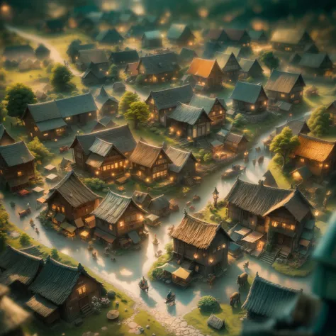 (Tilt-Shift:1.4), Villagers Village (extremely colorful, Best quality, high detailed, Masterpiece, Cinematic Lighting, 4K, Chiaroscuro)