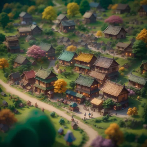 (Tilt-Shift:1.4), Villagers Village (extremely colorful, Best quality, high detailed, Masterpiece, Cinematic Lighting, 4K, Chiaroscuro)