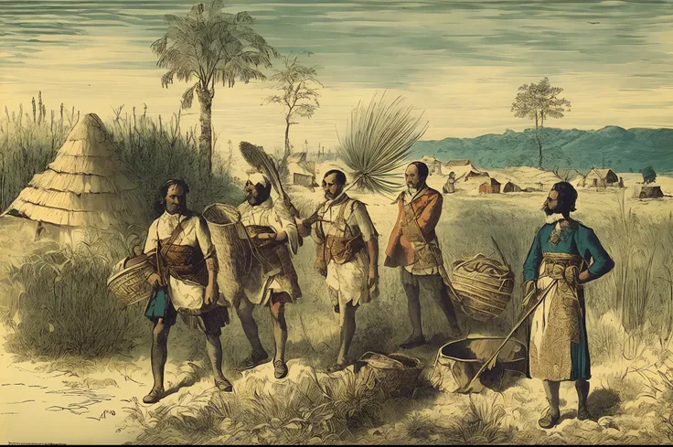 Arafed men in a field with a bucket of water, Membros da tribo perseguindo, membros da tribo atacando, an illustration of, Directed by: Samuel Washington Weis, colonization, Directed by: Julius Exner, Directed by: Edouard Detaille, illustration", 19th cent...