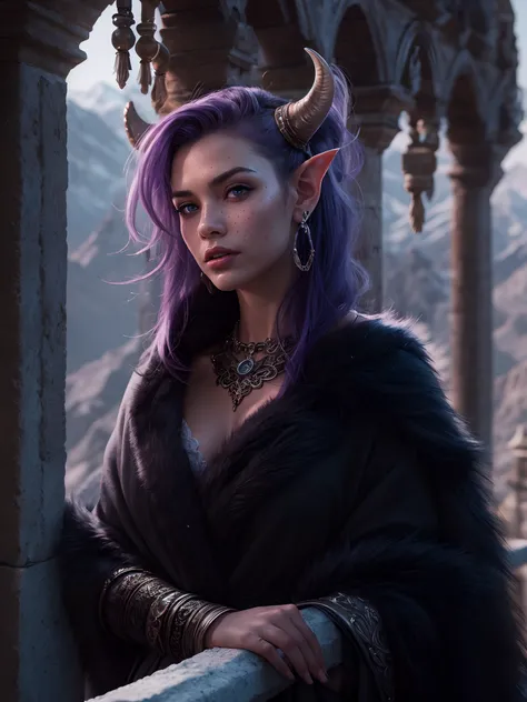 photorealistic, 4K, detailed face, tiefling, freckles, light purple skin, wearing a black fur robe, a silver choker, earrings, on a castle balcony, mountain background