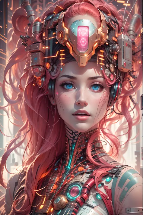 highly detailed image of a biomechanical girl with a beautiful face, crimson hair. her transparent glass and white porcelain ski...