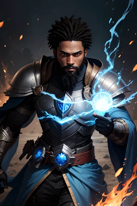 Make a Black Man with a short beard, black hair, Glowing Blue eyes, wizard armor, holding a fire blue fireball, valorant, valorant style, battlefield