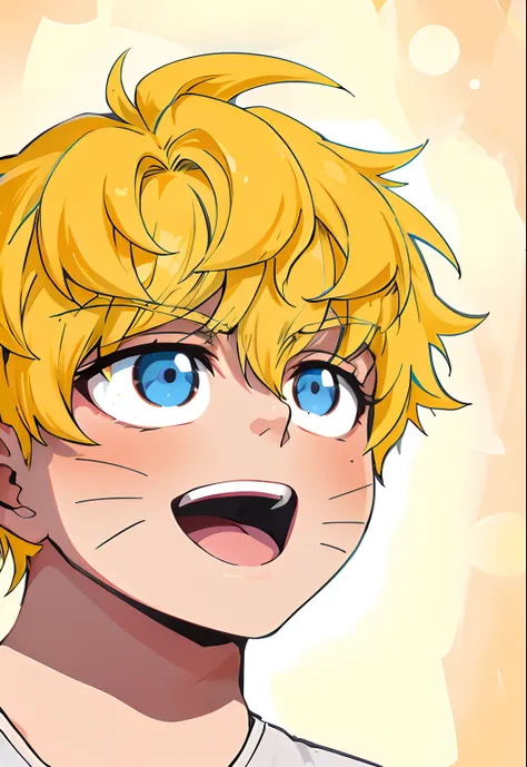 menino anime com cabelo amarelo e olhos azuis olhando para cima, Menino loiro com olhos azuis, arte 8k, anime 4K, rosto detalhado, arte bonita, rosto bonito, garoto loiro, garoto de olhos azuis, arte de anime, anime perfeito, arte de alta qualidade, arte d...