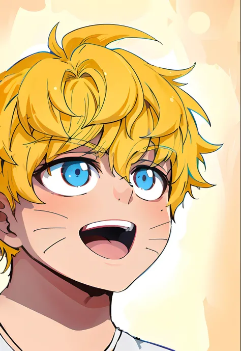 menino anime com cabelo amarelo e olhos azuis olhando para cima, Menino loiro com olhos azuis, arte 8k, anime 4K, rosto detalhado, arte bonita, rosto bonito, garoto loiro, garoto de olhos azuis, arte de anime, anime perfeito, arte de alta qualidade, arte d...