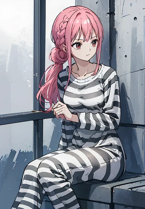 a girl, in prison, sitting in a prison, in a prison cell, prisoner, detailed fanart, jail, (((priclothes))), (((striped clothes)...