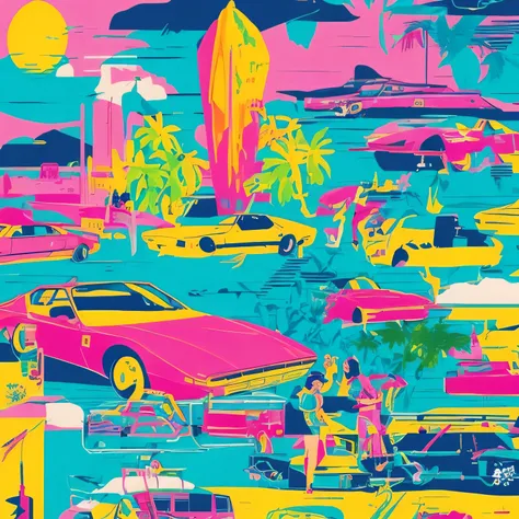 80s japanese city pop memphis style art, papel de parede, 80s art, cores pastel de uma praia, Uma Ferrari Testarossa branca, Coqueiros. 80s art, pastel hues, gradientes em azul, Rosa, amarelo, verde, Sunset, 80s art, Retro Art, handmade, 80s chill vibe, ho...