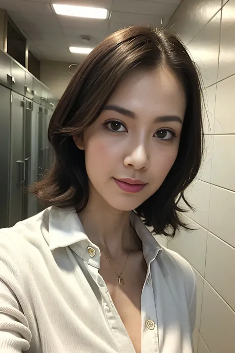 ((Best Quality, 8k, Masterpiece, Portrait: 1.3)), (looking at the viewer, look down),Photorealistic, Sharp Focus, Beautiful Japan Milf, Clothes with Cleavage View, 30 Years Old, Wavy Hair, ((beautiful detail skin)), ((double eyelid, eyelash, lip gloss)), (...