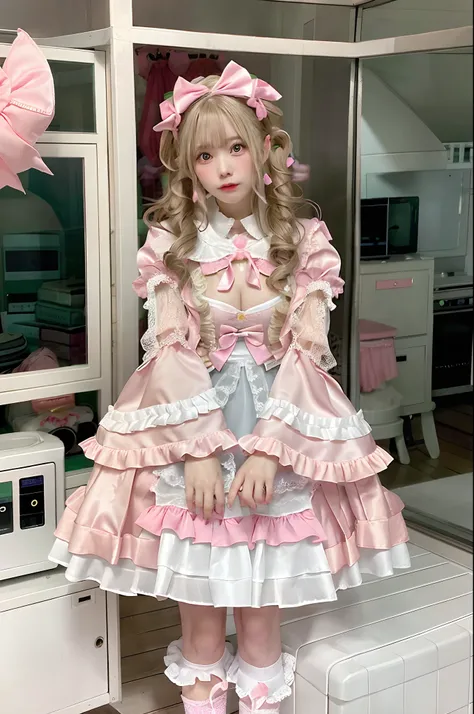 Blonde girl in pink satin dress standing in front of pink fridge, rococo ruffles dress, Lolita style, portrait of the magical Lolita girl, Lolita Fashion, angelic pretty, Belle Delphine, rococo dress, loli in dress, style of magical girl, victorian gothic ...