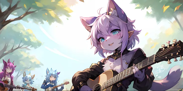 gato furry estilo kemono tocando guitarra nas folhas de outono, de pelo branco e olhos amarelos, com pequenas asas, Jazza e Rossdraw, Splash Art, sozinho na flortesta, sentado em um banco, Rossdraw e Jazza, Artgerm e Atey Ghailan, bardo tiefling, arte ofic...