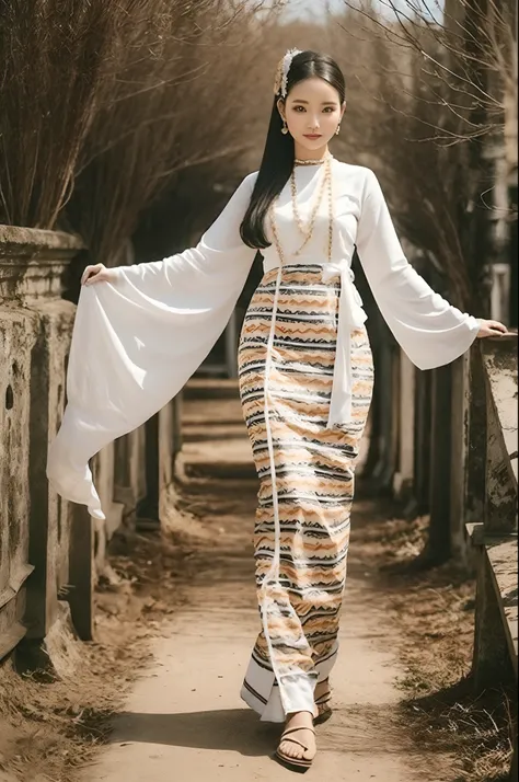 MMTD Burmese patterned traditional dress lady full body details