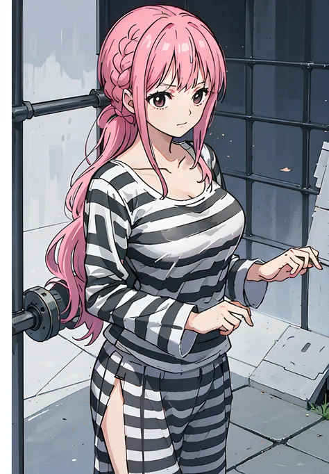 a girl, in prison, in a prison cell, prisoner, detailed fanart, jail, (((priclothes))), (((striped clothes))), shirt, outfit, (l...