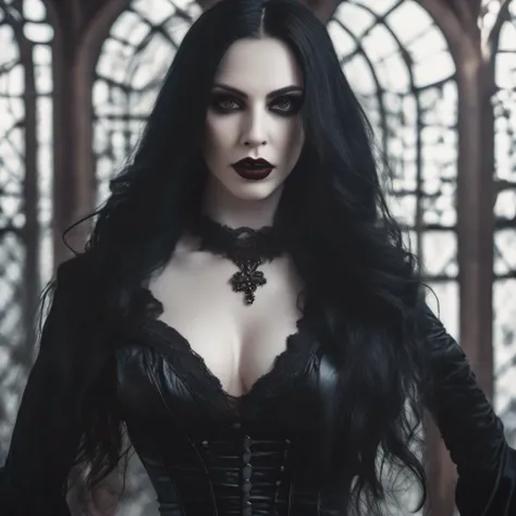 seductive female vampire, busty and long black hair, realism, pale skin, sharp fangs, dark eyes, flowing hair, gothic attire, canon,4k, mysterious, ominous, horror, gothic