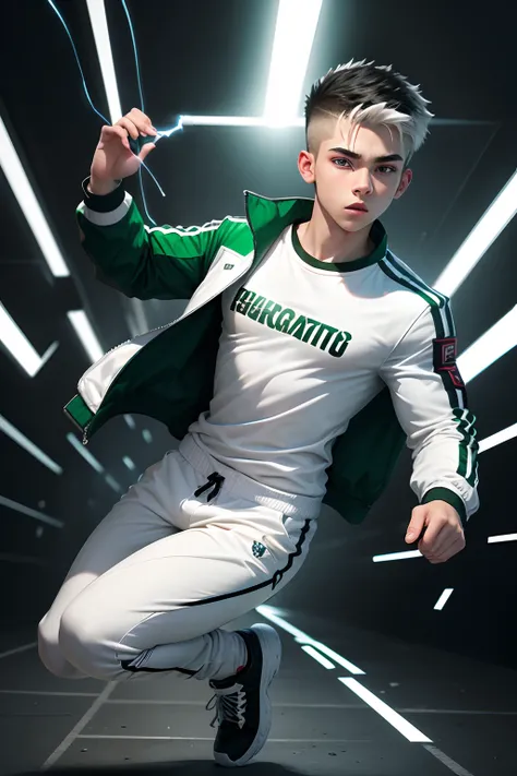 I created a white-skinned 14-year-old teenage man with black eyes and black hair with flashes green and an all-white white T-shirt Full body red jacket carcature style