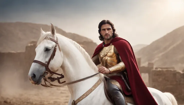 (masterpiece, high resolution, photo-realistic:1.3), Alexander the Great, (golden armor:1.2), (flowing crimson cape:1.1), (piercing blue eyes:1.2), (trimmed black beard:1.1), (majestic white stallion:1.2), (victorious pose:1.1), (sword raised high:1.2), ba...