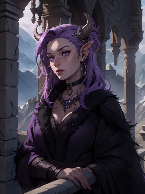 photorealistic, 4K, detailed face, tiefling, freckles, light purple skin, wearing a black fur robe, a silver choker, earrings, on a castle balcony, mountain background, dynamic shadow