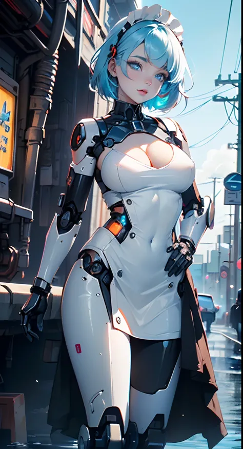 reelmech,(cyborg girl),(cyborg girl:1.5),
maid android,(((1girl))),((mechanical robot girl with extremely cute and beautiful pale blue hair)),

(large breasts:1.4),saggy breasts,(((pale blue bob hair:1.35,colored inner hair,short hair,ear breathing))),(((d...