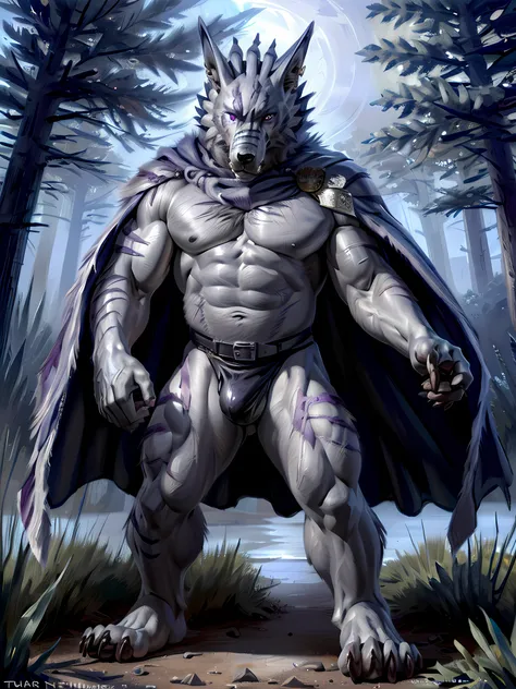 Weregarurumon, in partial shadows, wearing blaidds cape, blaidds sword. 4k, high resolution, best quality, perfect colors, perfect shadows, perfect lighting, posted on e621, furry body, solo, male, adult, bare chest, masculine, (very muscular, buff, heavyw...