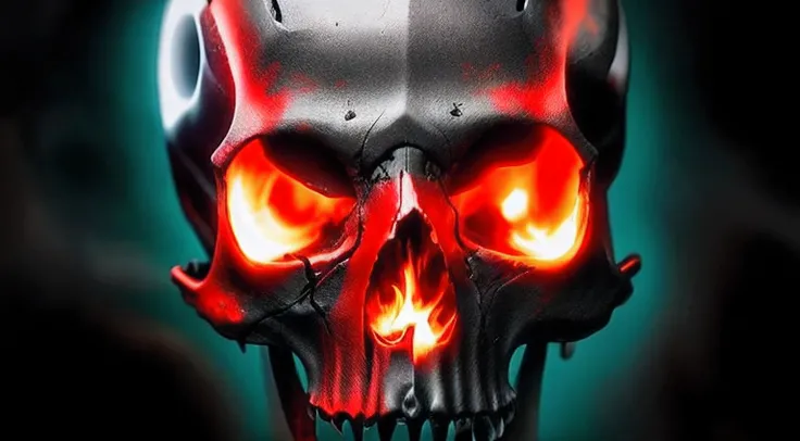 a closeup of a skull with red eyes and a black nose, skull on the screen, metal skull with red eyes, morphing skulls, ((skull)), skull face, fantasy skull, half skull face, skull head, engine of doom, skull like, glowing red skull, monstrous skull, face do...