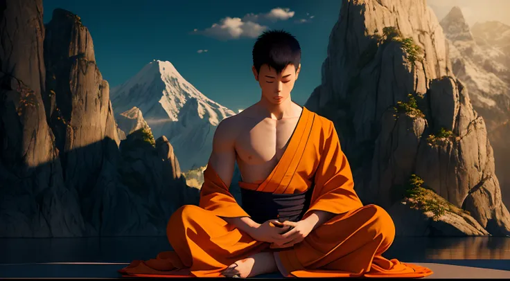 Japanese monk sits cross-legged in an patch of mountain with his eyes closed in deep meditation wearing a orange cloth,black hair his stoic expression remains unbroken, (extremely detailed CG), ((Realistic Shadows:1.2)), ((Realistic Lighting:1.1)), [Highes...