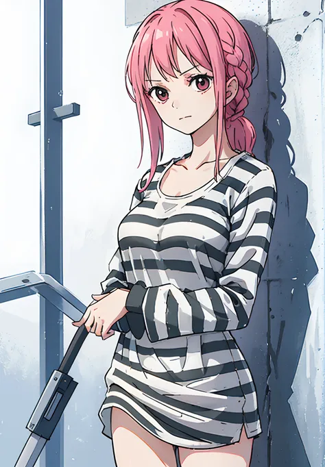 a girl, in prison, in a prison cell, prisoner, detailed fanart, jail, (((priclothes))), (((striped clothes))), shirt, outfit, (l...