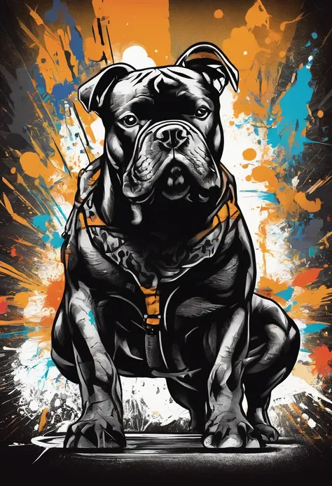 (a muscular,eccentric American bully stands),(with strong ears,with a fierce expression on his face),(in a vibrant street graffiti artwork),(with intricate details showing every muscle fiber and vein),(in a photo-realistic style),(captured in high resoluti...