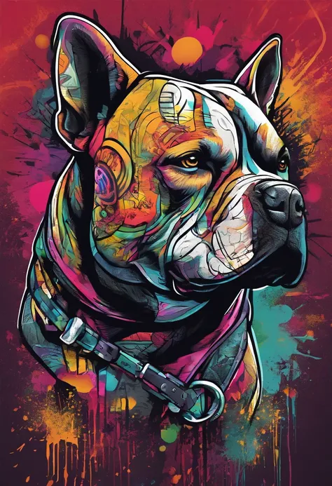 (a muscular,eccentric American bully stands),(with strong ears,with a fierce expression on his face),(in a vibrant street graffiti artwork),(with intricate details showing every muscle fiber and vein),(in a photo-realistic style),(captured in high resoluti...