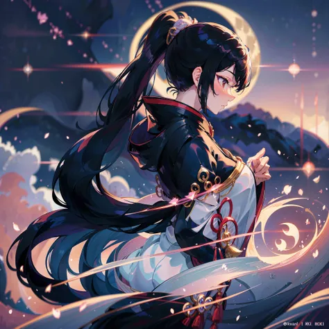 Profile Depict a woman with moon, ponytail, shiny black hair, gorgeous kimono, beautiful and elegant Japan on the background. Heart in the eye. Systemic. beautiful anime art wallpaper 8k, beautiful fantasy anime, beautiful anime, detailed anime artwork.blu...