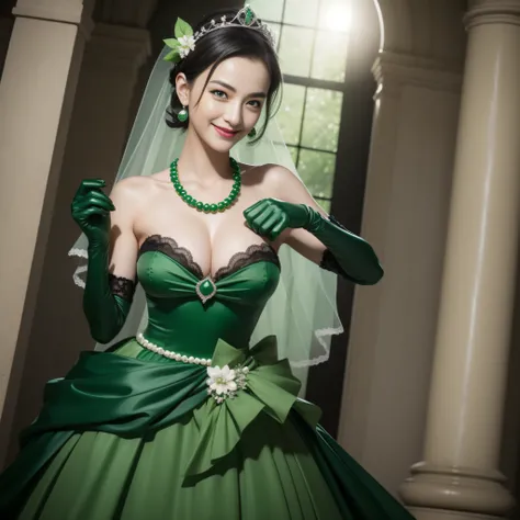 Boyish very short black hair, lipsticks, Japan woman smiling, Green Long Grove, Long green gloves made of satin material, lipsticks, Japan woman smiling, Satin green long gloves,　emerald tiara, Green Pearl Necklace, verd s eyes, Green eyes, Long green glov...