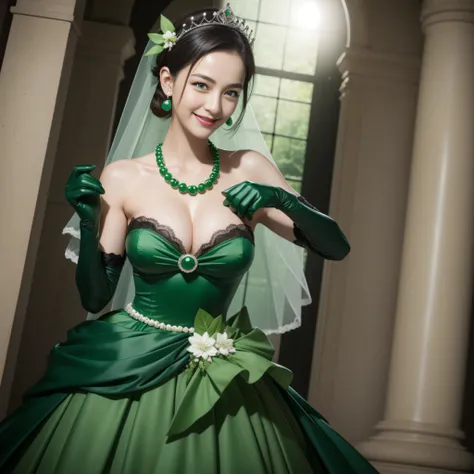 Boyish very short black hair, lipsticks, Japan woman smiling, Green Long Grove, Long green gloves made of satin material, lipsticks, Japan woman smiling, Satin green long gloves,　emerald tiara, Green Pearl Necklace, verd s eyes, Green eyes, Long green glov...