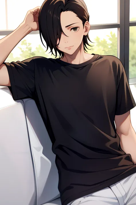 masterpiece, best quality, high quality, 1boy, solo, male focus, looking at viewer, black tshirt, junpei_yoshino,