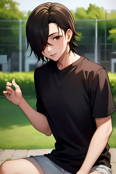 masterpiece, best quality, high quality, 1boy, solo, male focus, looking at viewer, black tshirt, junpei_yoshino,