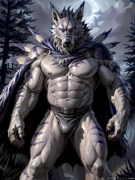 Weregarurumon, in partial shadows, wearing blaidds cape. 4k, high resolution, best quality, perfect colors, perfect shadows, perfect lighting, posted on e621, furry body, solo, male, adult, bare chest, masculine, (very muscular, buff, heavyweight, strong c...