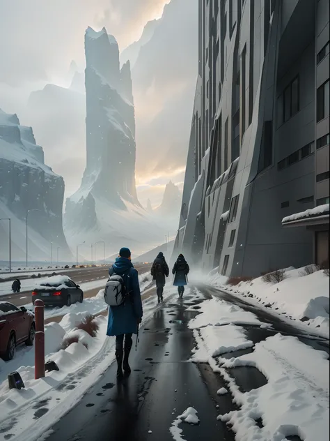 People walk on the snowy road in front of tall buildings, sci-fi of iceland landscape, epic cinematic matte painting, inspired by jessica rossier, jessica rossier fantasy art, 8 k matte painting, 8k matte painting, by jessica rossier, sci - fi film still, ...