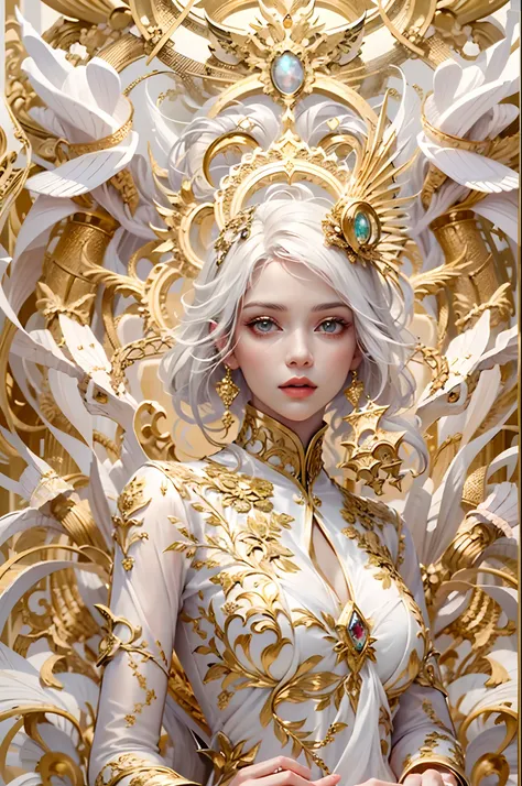 Generate a mesmerizing visual featuring a girl adorned in an exquisite IvoryGold Style ensemble. Her attire combines a rich palette of white and gold hues, creating an opulent and timeless look. Surround her with intricate fractal art patterns that seem to...