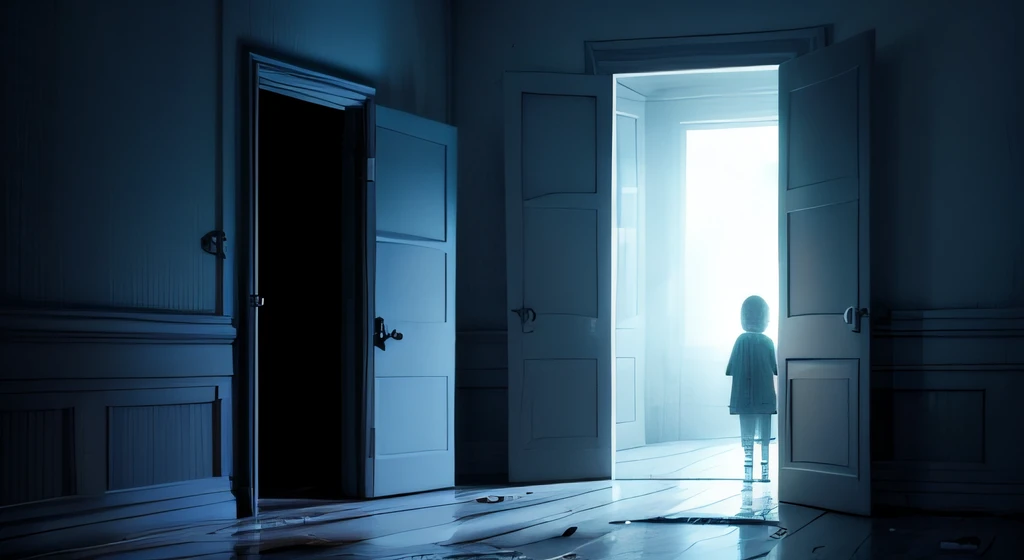 the room very was dark, a boy and a girl got sceared by something like ghost, the boy is setting in a corner of the room, picture is little bit horror for kids