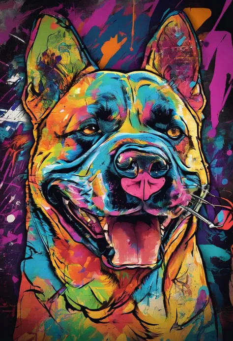 (one muscle,eccentric American bully is),(com orelhas fortes,with a fierce expression on his face),(em uma vibrante arte de grafite de rua),(with intricate details showing each fibrum muscle and vein),(em um estilo foto-realista),(Captured in high resoluti...