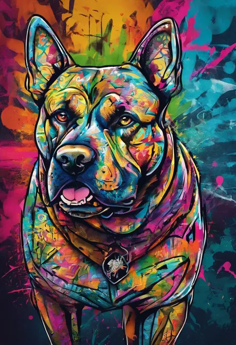 (one muscle,eccentric American bully is),(com orelhas fortes,with a fierce expression on his face),(em uma vibrante arte de grafite de rua),(with intricate details showing each fibrum muscle and vein),(em um estilo foto-realista),(Captured in high resoluti...